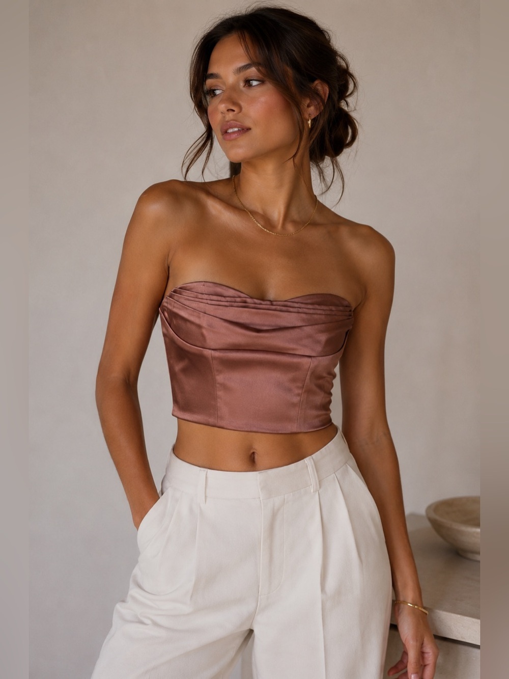 Zara Bronze Satin Strapless Crop Top Size XS Y2K Coquette Minimalist Clubwear